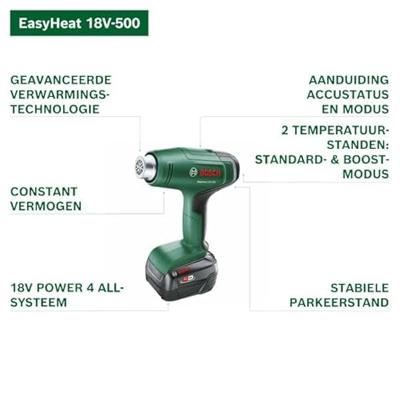 Bosch Groen EasyHeat 18V-500 Accuheteluchtpistool | Incl. Reduceermondstuk | Zonder Accu en Lader - 06032A8000 Bosch Groen EasyHeat 18V-500 Accuheteluchtpistool | Incl. Reduceermondstuk | Zonder Accu en Lader - 06032A8000