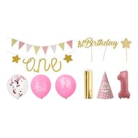 Set Feestversiering 1e Verjaardag - Roze/Meisje, 9dlg. - thumbnail