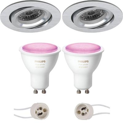GU10 Inbouwspot Set - Mat Zilver - Inbouw Rond - Kantelbaar - Philips Hue - White and Color Ambiance - Bluetooth - Pragmi Aerony Pro - Ø82mm