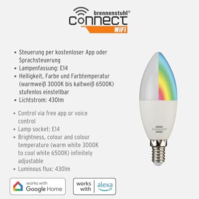 Brennenstuhl WiFi LED Lamp, 5,3W, 430lm, E14 - 1294870140