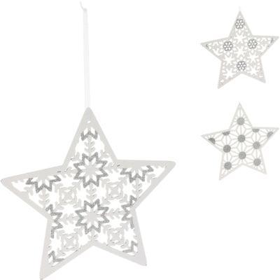 Kersthanger Ster hout wit glitter 22 cm 3 assorti | 24 stuks