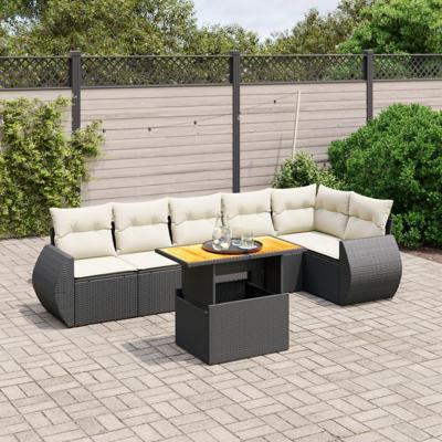 7-delige Loungeset met kussens poly rattan zwart