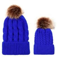 2 in 1 herfst en winter ouder-kind hoed set warme twist textuur gebreide muts met wol bal grootte: ouder-kind (Royalblue) - thumbnail