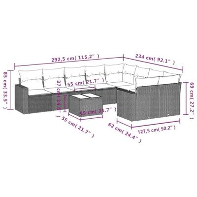 10-delige Loungeset met kussens poly rattan bruin