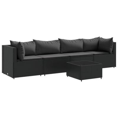 5-delige Loungeset met kussens poly rattan zwart