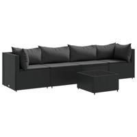 5-delige Loungeset met kussens poly rattan zwart - thumbnail