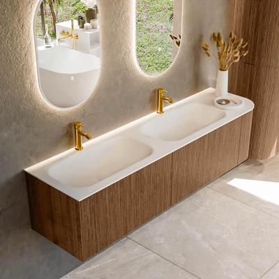 Mondiaz KURVE 175 cm Onderkast Greeploos 2 Lades Met Deuren Walnut, Wastafel Solid Surface Links Talc 2 Kraangaten Zonder Spiegel (KRVBGS175R2L1D2KD-Wal/Tal)