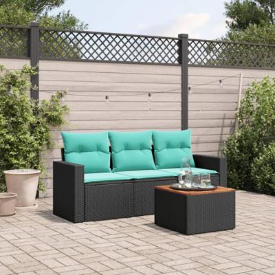 4-delige Loungeset met kussens poly rattan zwart