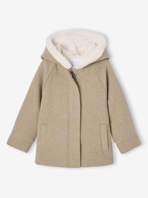 Mantel met capuchon van wollen stof voor meisjes gemêleerd beige