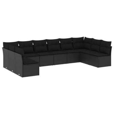 10-delige Loungeset met kussens poly rattan zwart