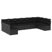 10-delige Loungeset met kussens poly rattan zwart - thumbnail