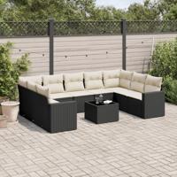 10-delige Loungeset met kussens poly rattan zwart - thumbnail