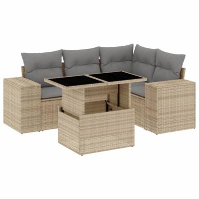 5-delige Loungeset met kussens poly rattan beige