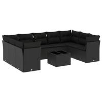 10-delige Loungeset met kussens poly rattan zwart - thumbnail