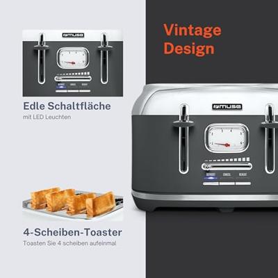 Muse MS-131 DG Broodrooster Grijs - 4 plak - 4 Slots