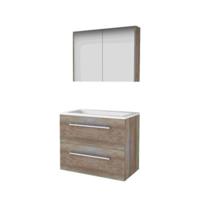 Basic-Line Comfort 46 Badkamermeubelset - 80 x 46 cm - Met Grepen - 2 Lades - Acryl Wastafel - 1 Kraangat - Spiegelkast - Scotch Oak - thumbnail