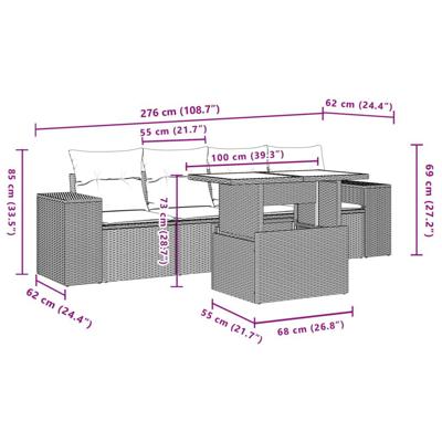 5-delige Loungeset met kussens poly rattan zwart
