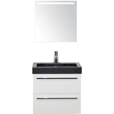 Seville Badmeubelset 60 cm - Wit Hoogglans - Wastafel Hardsteen Wit Lucca met Sence Spiegel