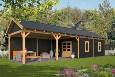 Tuindeco Hamar XL Overkapping type 11 1303x445 cm Lariks/Douglashout blank en Zweeds rabat zwart- Zadeldak- Onbehandeld lariks Douglas hout- Tuindeco