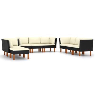 9-delige Loungeset met kussens poly rattan zwart