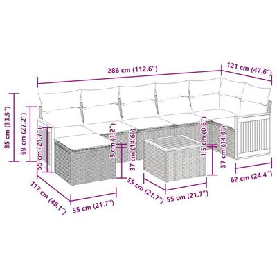7-delige Loungeset met kussens poly rattan grijs - thumbnail