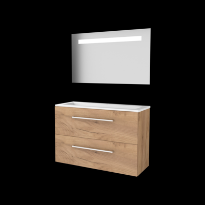 Basic-Line Economic 39 Badkamermeubelset - Ondiep - 100 x 39 cm - Met Grepen - 2 Lades - Acryl Wastafel - 1 Kraangat - Spiegel met LED Verlichting - Whisky Oak
