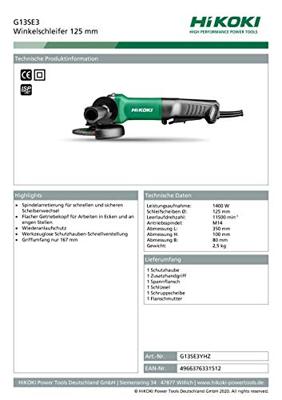 Hikoki G13SE3YHZ Haakse slijpmachine 125mm / 1.400 W - G13SE3YHZ