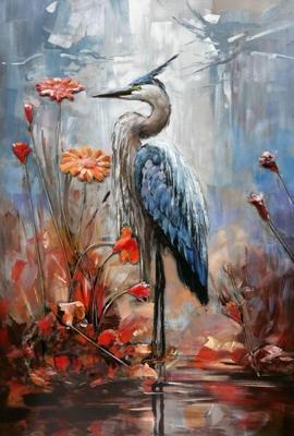 Schilderij - Metaalschilderij -Reiger in het water, 80x120cm, 3D schilderij