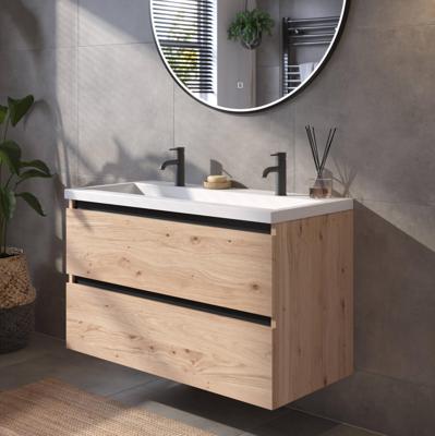Saqu Gaia badmeubel incl. glans witte wastafel met 2 kraangaten 100x52x64cm naturel eiken - zwarte greeplijst