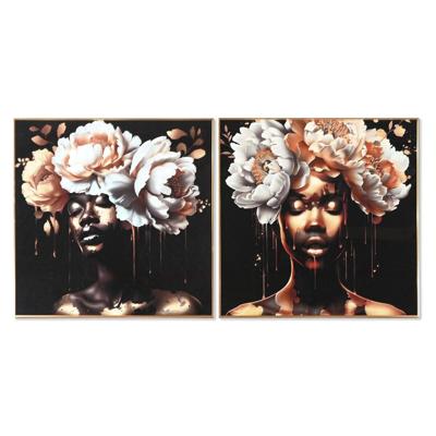 Schilderij Home ESPRIT Wit Zwart Gouden Blommor 80 x 3,5 x 80 cm (2 Stuks)