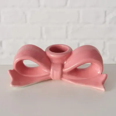 Boltze Home kandelaar aardewerk strik 12x6x4cm roze