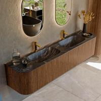 Mondiaz KURVE-DLUX 200 cm Onderkast Greeploos 2 Lades Met Deuren Walnut, Wastafel Solid Surface Dubbel Lava 2 Kraangaten Zonder Spiegel (KRVSTS200L+R2L2D2KD-Wal/Lav) - thumbnail