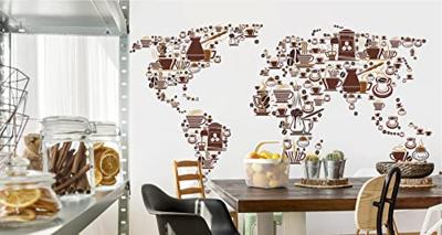 Fotobehang - Koffie Kaart van de Wereld, Wereldkaart, 11 maten, premium print, incl behanglijm