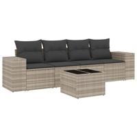 5-delige Loungeset met kussens poly rattan lichtgrijs - thumbnail