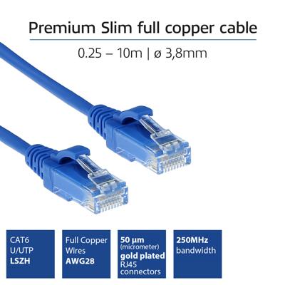 ACT DC9652 LSZH U/UTP CAT6 Datacenter Slimline Patchkabel Snagless | RJ45 Connectoren | Blauw | 25 cm