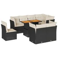 9-delige Loungeset met kussens poly rattan zwart - thumbnail