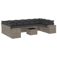 10-delige Loungeset met kussens poly rattan grijs - thumbnail