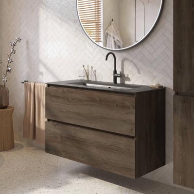 Saqu Terra voorgemonteerd badmeubel incl. mat zwarte keramische wastafel 101x46cm sepia eiken