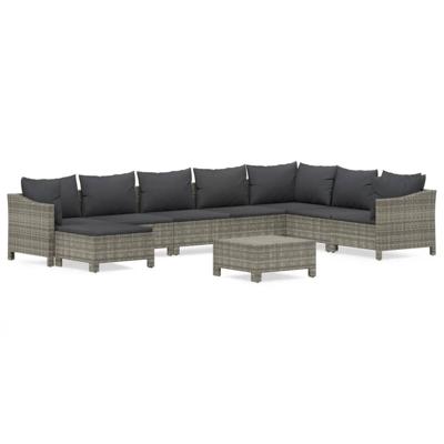9-delige Loungeset met kussens poly rattan grijs