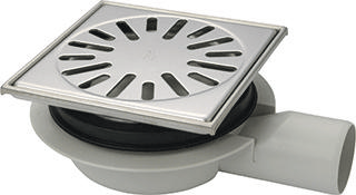 Doucheput Aquaberg ABS Vloerput RVS Opzetstuk RVS Rooster Laag Model Zijuitlaat 50mm 150x150mm PPC Reukafsluiter