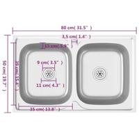 VidaXL Gootsteen dubbele bakken 800x500x155 mm roestvrij staal zilver - thumbnail