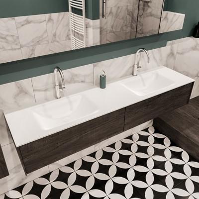 Mondiaz Lush Cloud badmeubel eiken Dark brown 180 cm 2 lades solid surface dubbele spoelbak 2 kraangaten