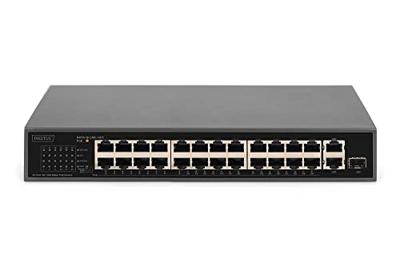 DIGITUS 26-poorts Fast Ethernet PoE netwerkswitch - 24x 100 Mbps RJ45 + 1x Gbps RJ45 combo + 1x SFP-poort - 19 inch - 185W PoE budget - 10/100 Mbps