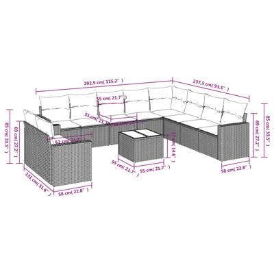 11-delige Loungeset met kussens poly rattan bruin - thumbnail