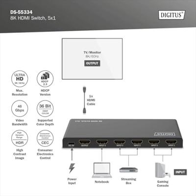 Digitus DS-55334 HDMI-switch 1 + 5 poorten LED-weergave, Met afstandsbediening, Ultra HD-geschikt, Met metalen behuizing, Individueel schakelbaar, Met Digitus DS-55334 HDMI-switch 1 + 5 poorten LED-weergave, Met afstandsbediening, Ultra HD-geschikt, Met metalen behuizing, Individueel schakelbaar, Met
