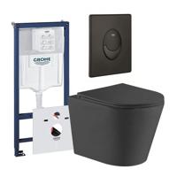 QeramiQ Dely Toiletset - Grohe inbouwreservoir - mat zwarte bedieningsplaat - ovaal toilet - zitting - mat zwart 0729205/SW1026253/SW656735/SW1000768 - thumbnail