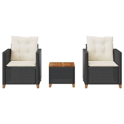 3-delige Bistroset met kussens poly rattan en acaciahout zwart 3-delige Bistroset met kussens poly rattan en acaciahout zwart