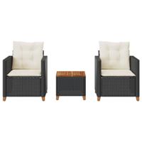 3-delige Bistroset met kussens poly rattan en acaciahout zwart - thumbnail