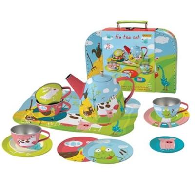 Tinnen Theeservies Boerderij in Koffer 15-delig