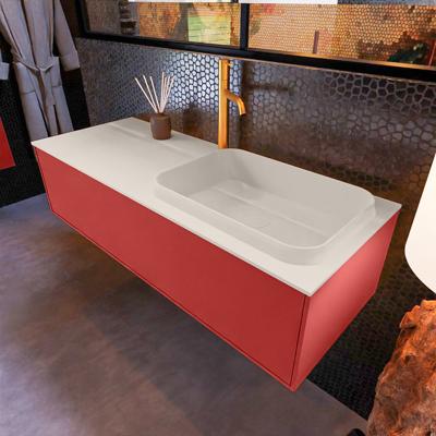Badkamermeubelset Mondiaz Erin 120 cm met 1 Lade met RIDGE Wastafel Rechts Linen met 1 kraangat Greeploos Mat Fire